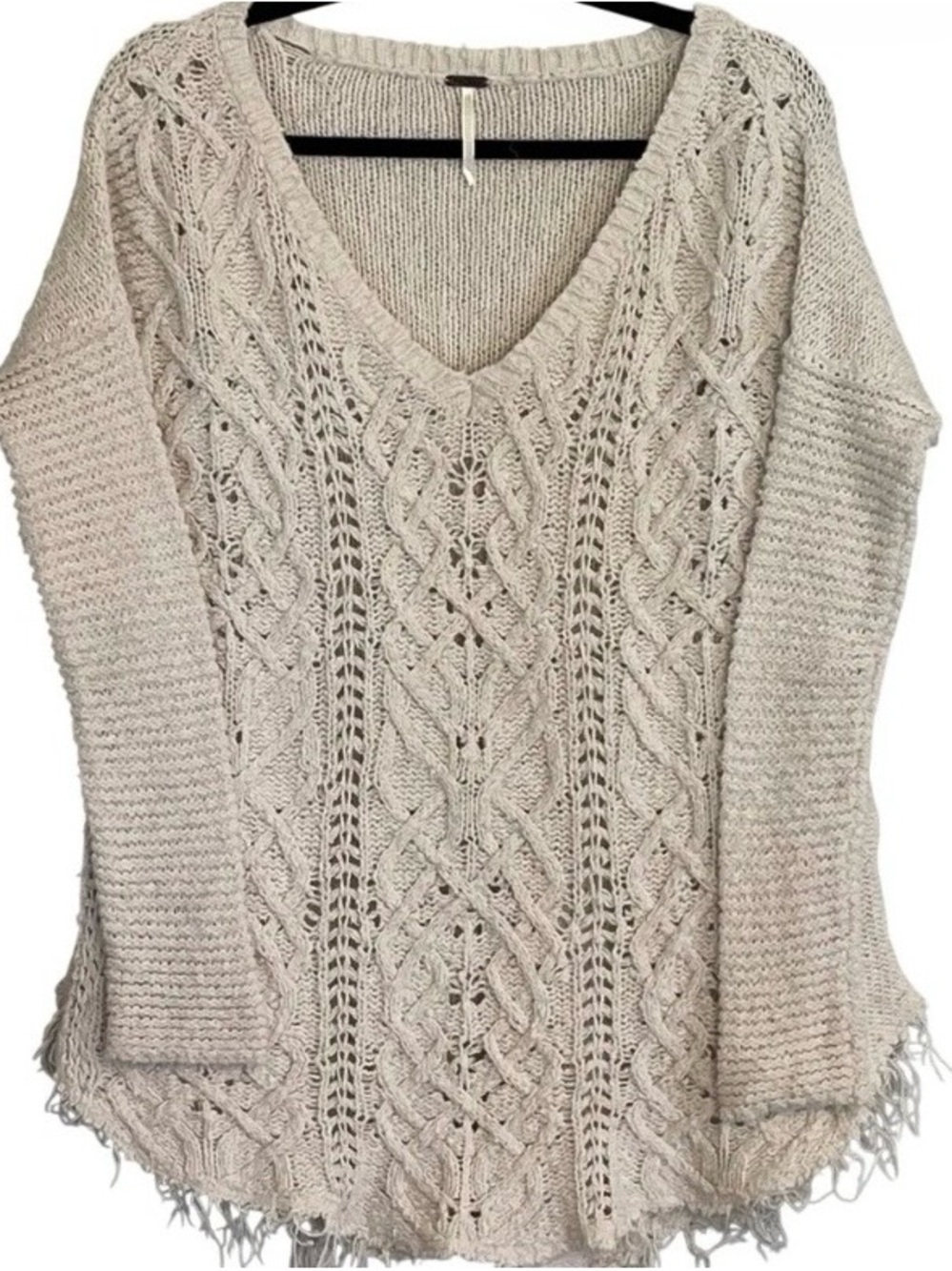 Free People Cream Cable Knit V-Neck Sweater